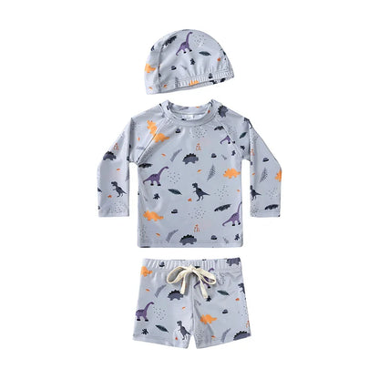 Breathable Kids Rash Guard Swim Set – Long-Sleeve Top, Swim Pants, Hat, Polyester Elastane, Beach Vacation