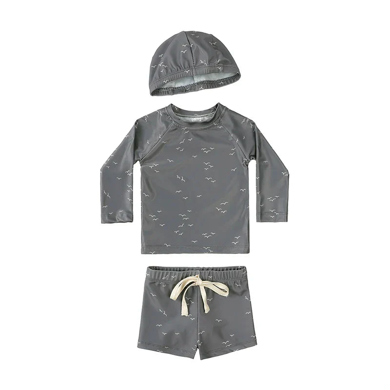 Breathable Kids Rash Guard Swim Set – Long-Sleeve Top, Swim Pants, Hat, Polyester Elastane, Beach Vacation