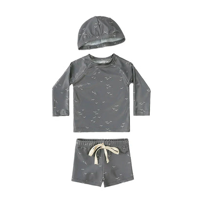 Breathable Kids Rash Guard Swim Set – Long-Sleeve Top, Swim Pants, Hat, Polyester Elastane, Beach Vacation