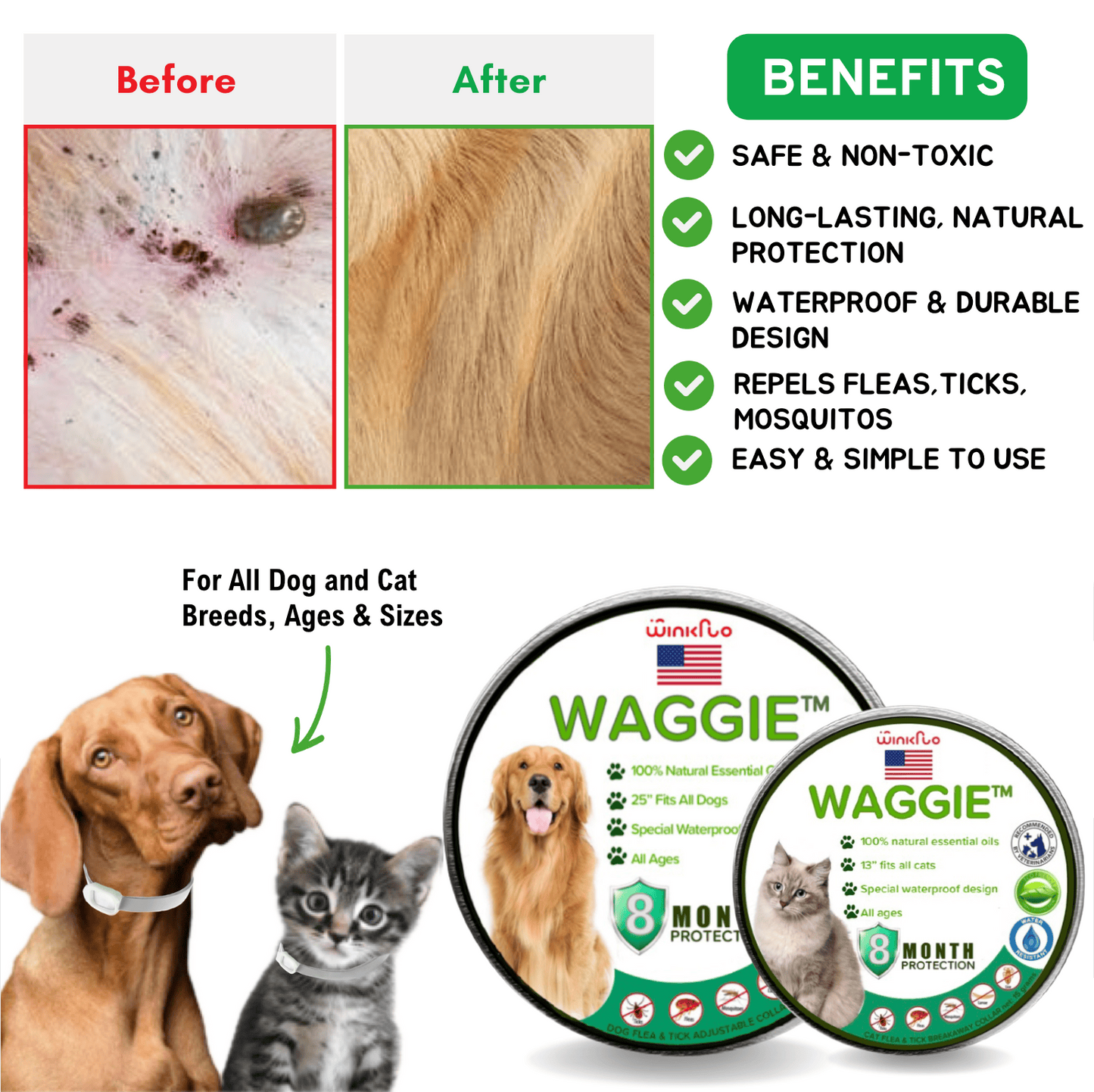 Waggie™ - Natural Anti-Flea, Tick, & Mosquito Collar (Human-Grade 8+ Months Protection)