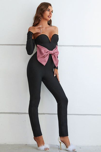 Contrast Bow Detail Sweetheart Neck Jumpsuit