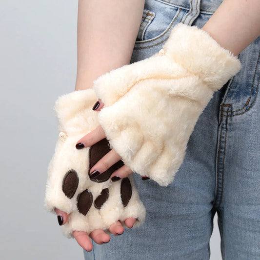 Women's Adorable Cat Paw Plush Mittens – Cozy, Soft, Fingerless Fluffy Gloves