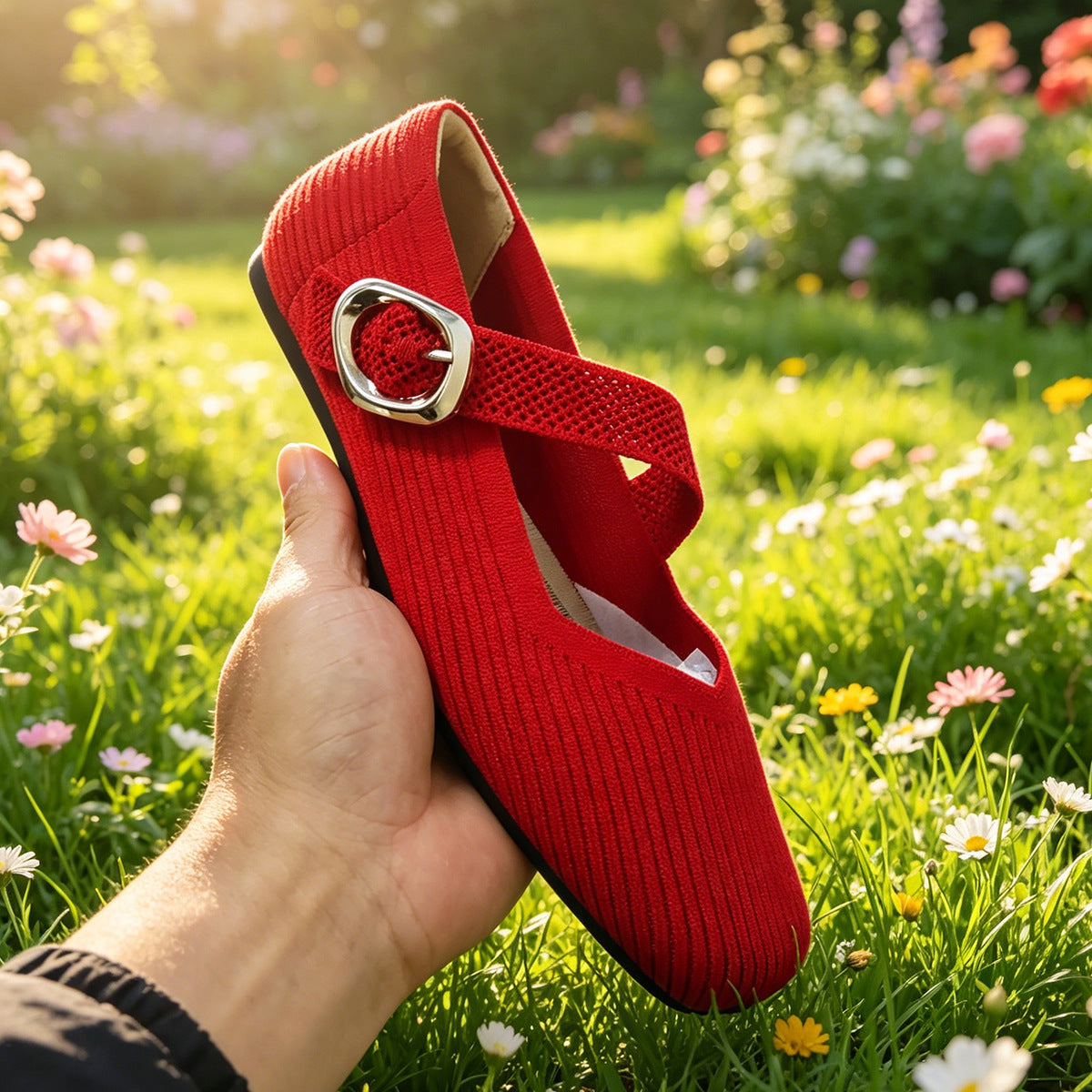 Breathable women's Mary Jane knit flats – square toe, buckle strap, lightweight everyday shoe