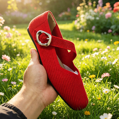 Breathable women's Mary Jane knit flats – square toe, buckle strap, lightweight everyday shoe