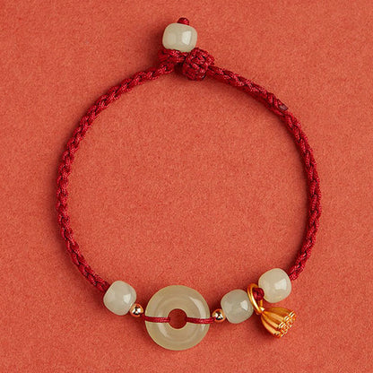 Round Peace Buckle Jade Lotus Happiness & Wealth String Bracelet