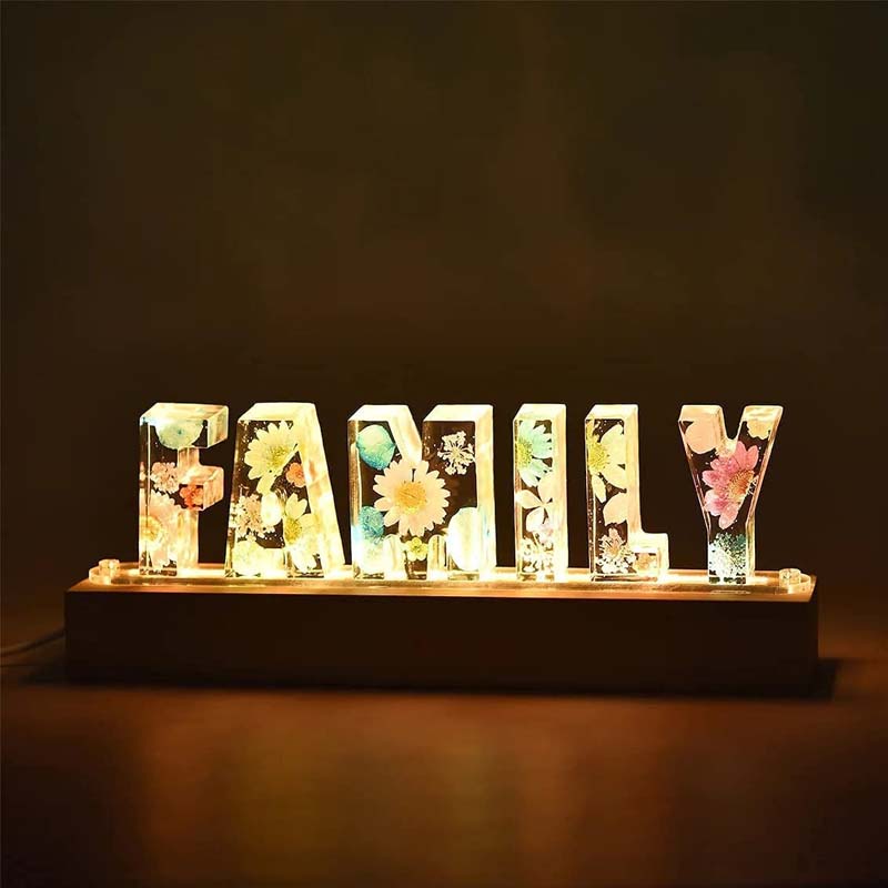 Resin Dried Flower Printed Letters LED Night Light