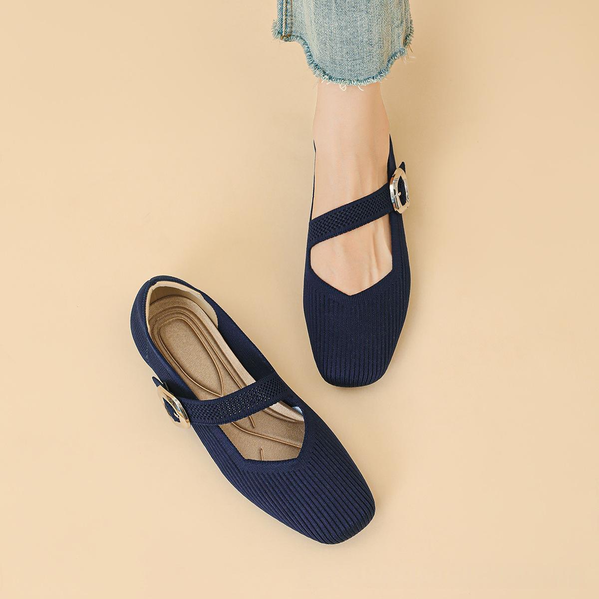 Breathable women's Mary Jane knit flats – square toe, buckle strap, lightweight everyday shoe