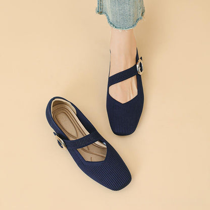 Breathable women's Mary Jane knit flats – square toe, buckle strap, lightweight everyday shoe