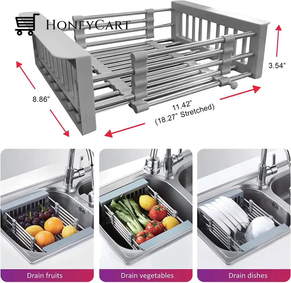 Adjustable Dish Drainer Stainless Steel Kitchen Sink Rack Vegetable Basket Utensils