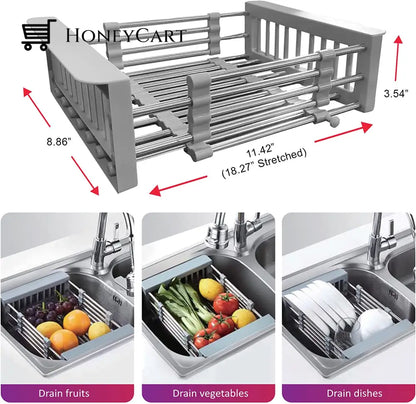 Adjustable Dish Drainer Stainless Steel Kitchen Sink Rack Vegetable Basket Utensils