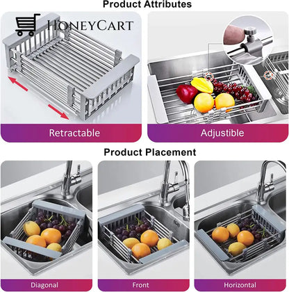 Adjustable Dish Drainer Stainless Steel Kitchen Sink Rack Vegetable Basket Utensils