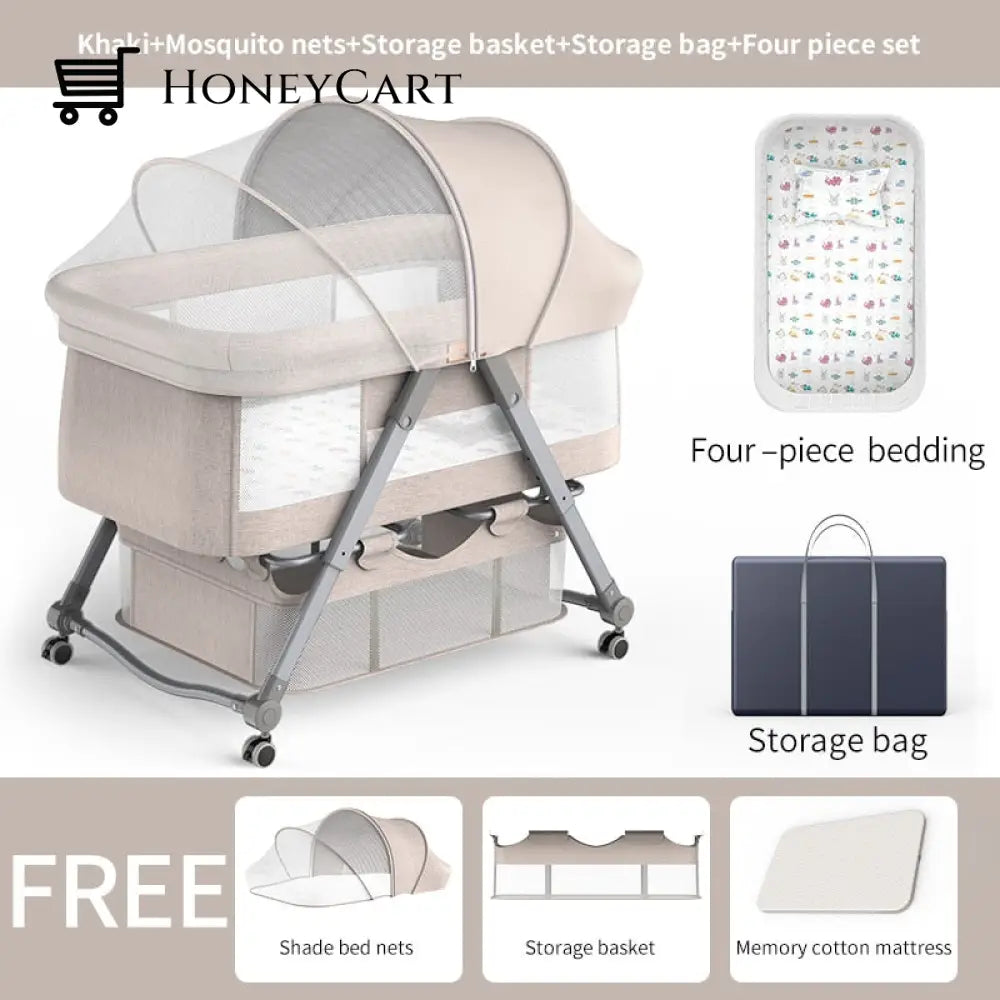 Adjustable Foldable Portable Minimalist Baby Crib Dark Khaki Cribs & Toddler Beds