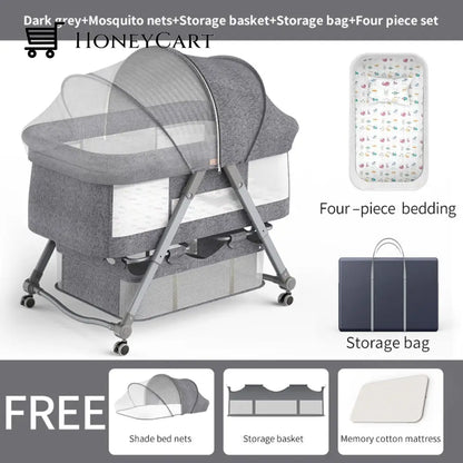 Adjustable Foldable Portable Minimalist Baby Crib Gray Cribs & Toddler Beds