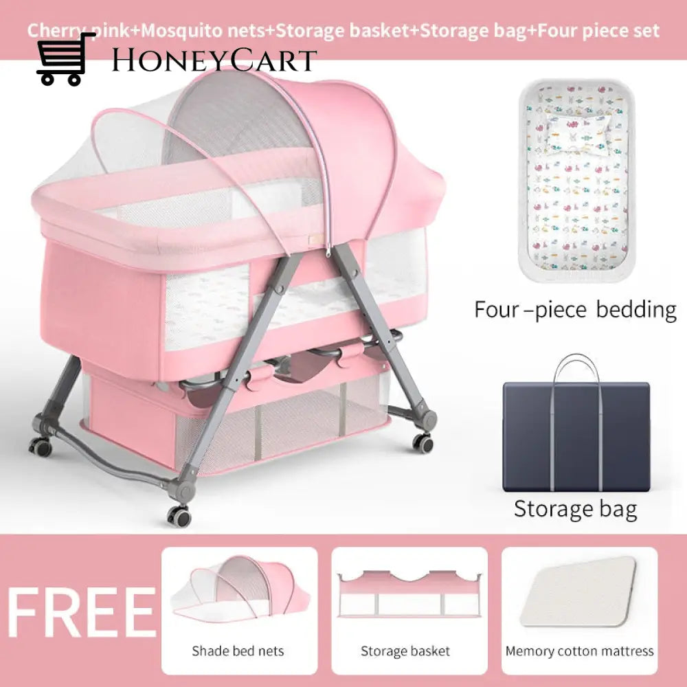 Adjustable Foldable Portable Minimalist Baby Crib Pink Cribs & Toddler Beds