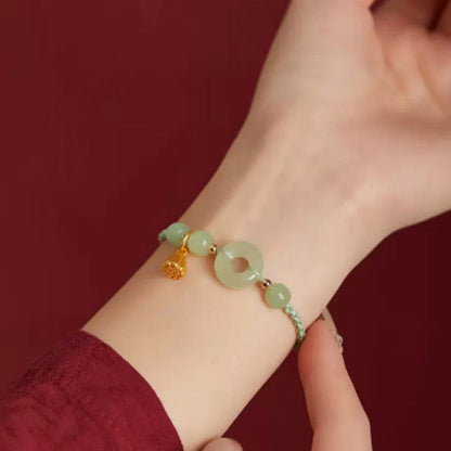 Round Peace Buckle Jade Lotus Happiness & Wealth String Bracelet