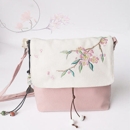 Handmade Embroidered Flowers Canvas Crossbody Bag