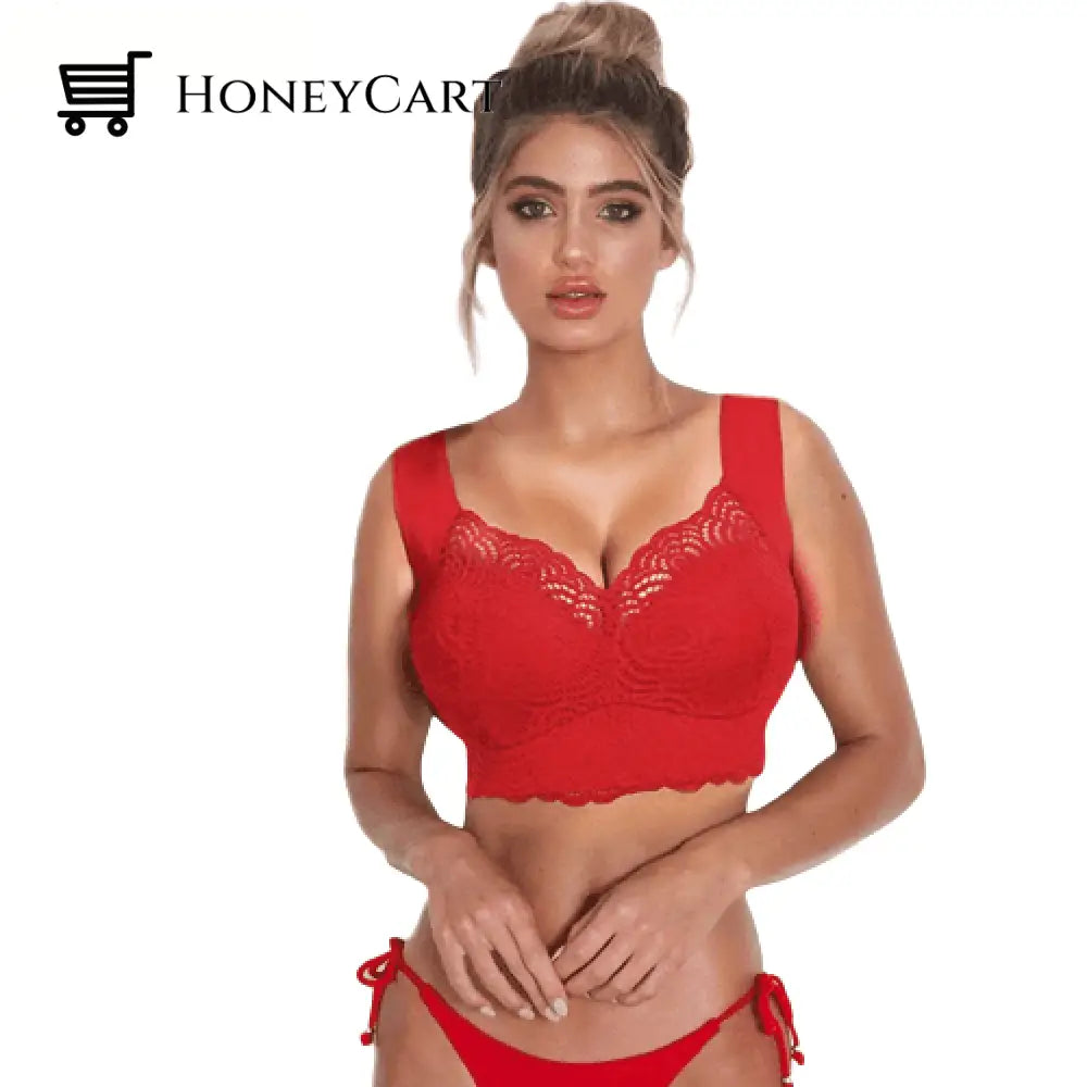 Airy Lace-Cup Lift Latex Stretch Full-Figure Comfy Corset Bra S / Red