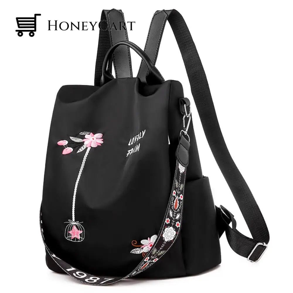 Anti-Theft Large Capacity Oxford Backpack Embroidery-Black Backpacks