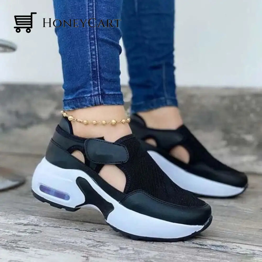 Autumn Womens Fashion Breathable Sneakers Comfortable Non-Slip Velcro Black / Us 5.5 Orthopedic