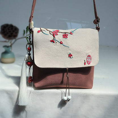 Handmade Embroidered Flowers Canvas Crossbody Bag