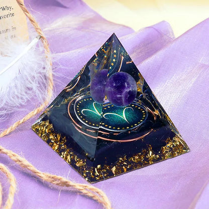 Aries Amethyst Sphere With Obsidian Zodiac Orgone Pyramid