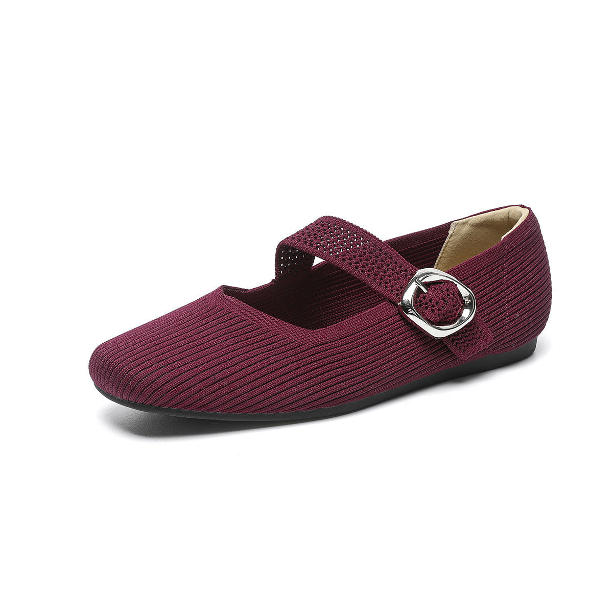 Breathable women's Mary Jane knit flats – square toe, buckle strap, lightweight everyday shoe