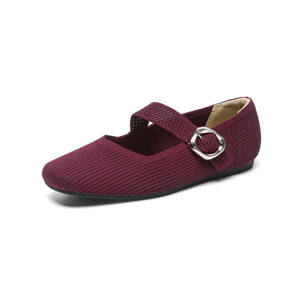 Breathable women's Mary Jane knit flats – square toe, buckle strap, lightweight everyday shoe