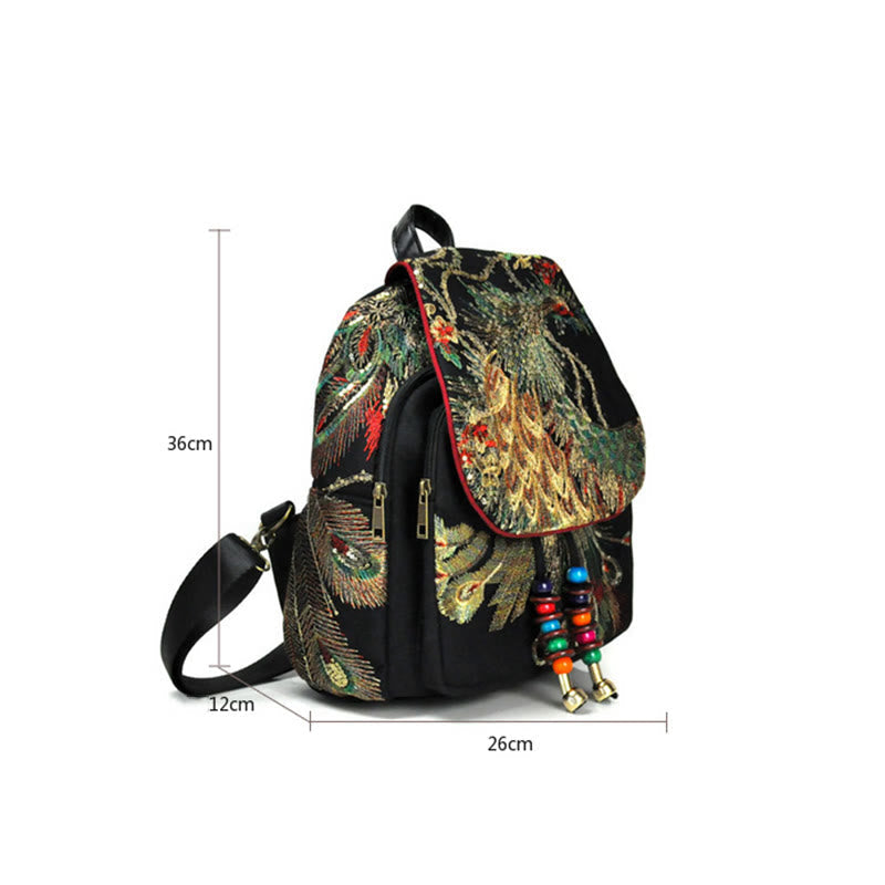 Peacock Embroidery Canvas Tassel Backpack