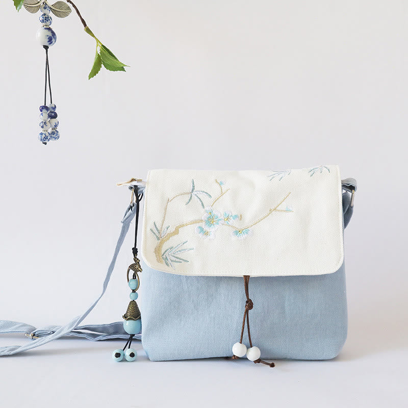 Handmade Embroidered Flowers Canvas Crossbody Bag