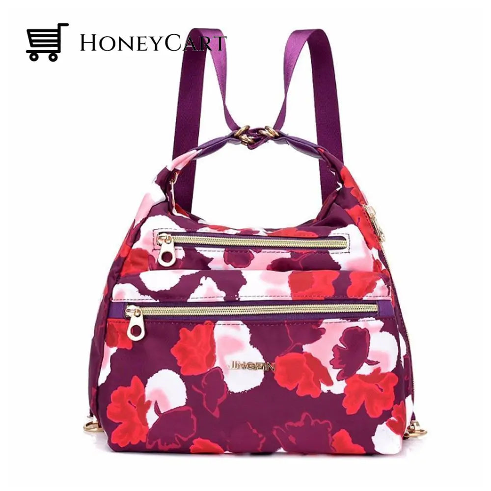 Bag With Double Zippers Handbag And Shoulder Purple Flower Pattern Fashion Wears