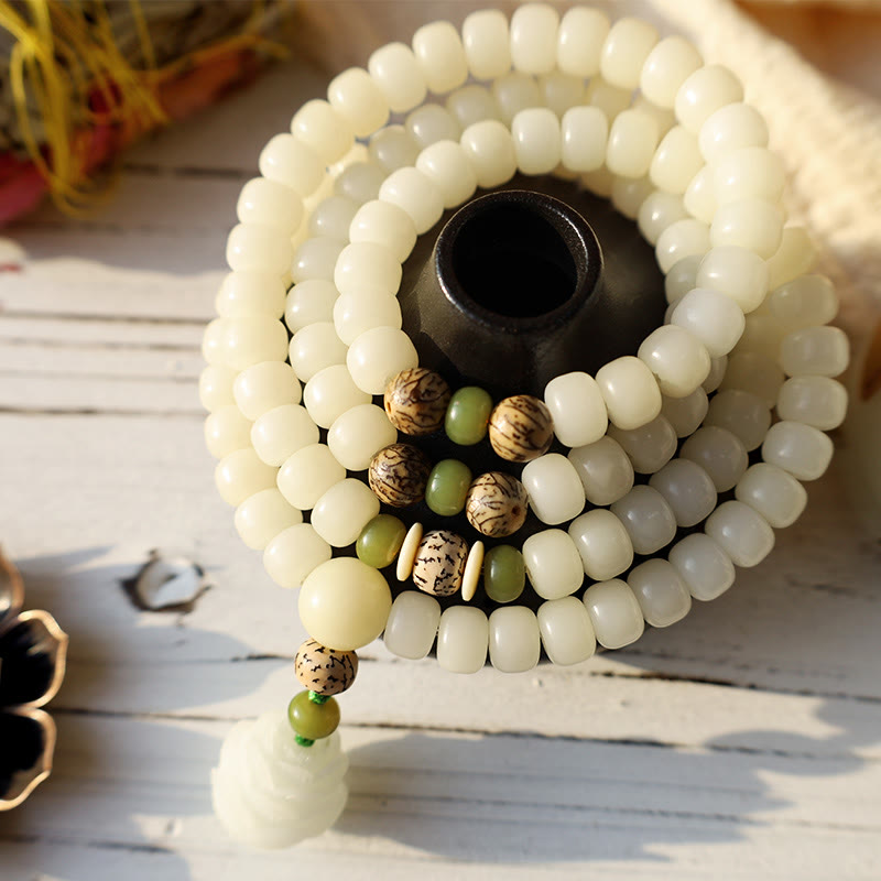 White Jade Bodhi Lotus Mala Harmony Necklace Bracelet