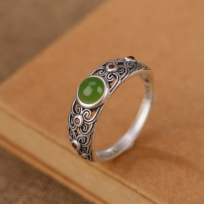 925 Sterling Silver Hetian Cyan Jade Adjustable Ring