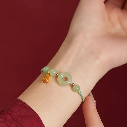 Round Peace Buckle Jade Lotus Happiness & Wealth String Bracelet