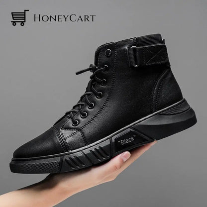 Black Warm Leather Boots Shoes