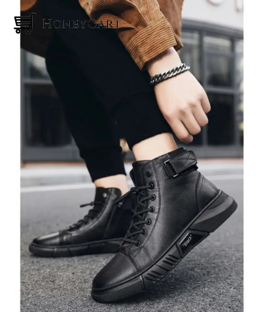 Black Warm Leather Boots Shoes