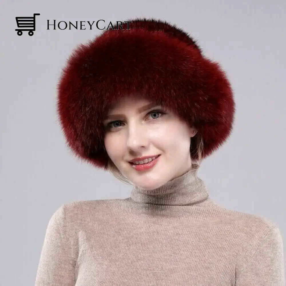 Braided Real Hair Warm Thick Basin Hat Red Wine