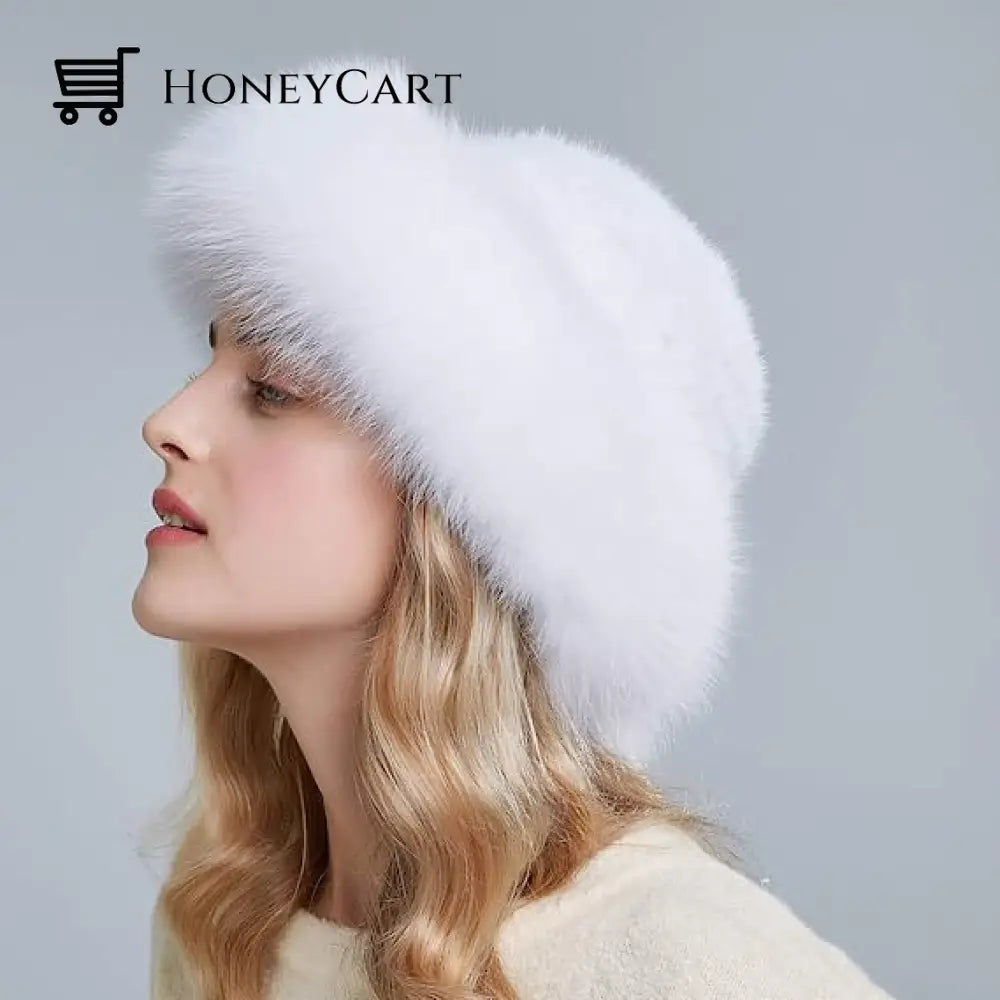 Braided Real Hair Warm Thick Basin Hat White