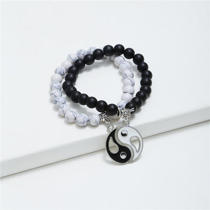 Natural Black Onyx White Turquoise Bead Yin Yang Couple Bracelet