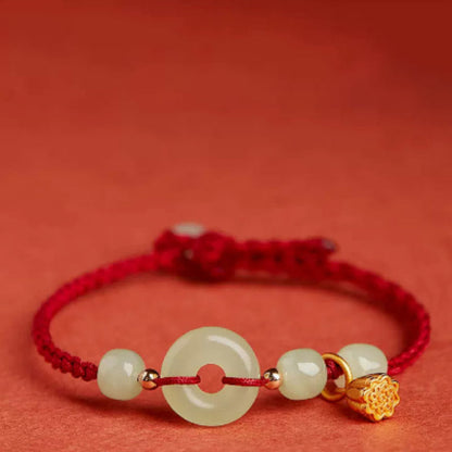 Round Peace Buckle Jade Lotus Happiness & Wealth String Bracelet