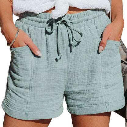 Breathable women's shorts - high-waist, belted, wide-leg, cotton-linen blend, casual daily wear
