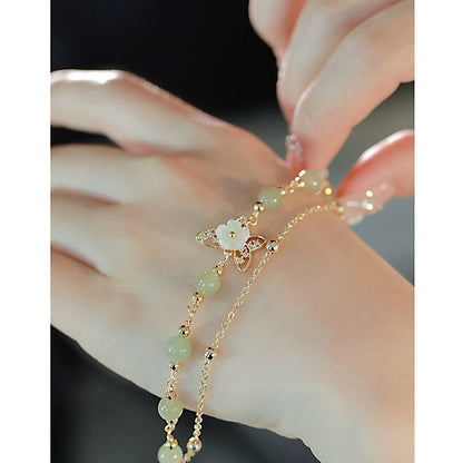 14K Gold Plated Jade Butterfly Tridacna Stone Flower Double Layer Luck Bracelet