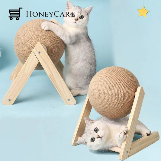Cat Scratching Ball Wood Stand - Kitten Grinding Paws Toys