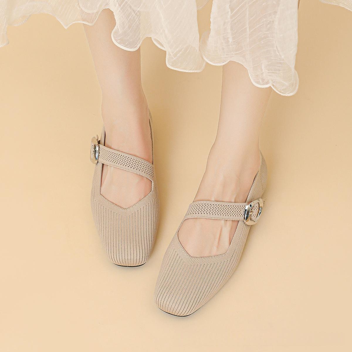 Breathable women's Mary Jane knit flats – square toe, buckle strap, lightweight everyday shoe