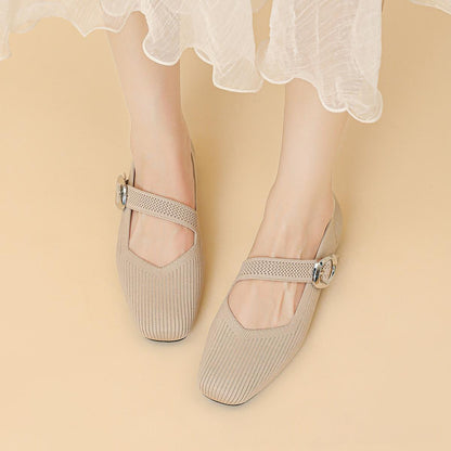 Breathable women's Mary Jane knit flats – square toe, buckle strap, lightweight everyday shoe