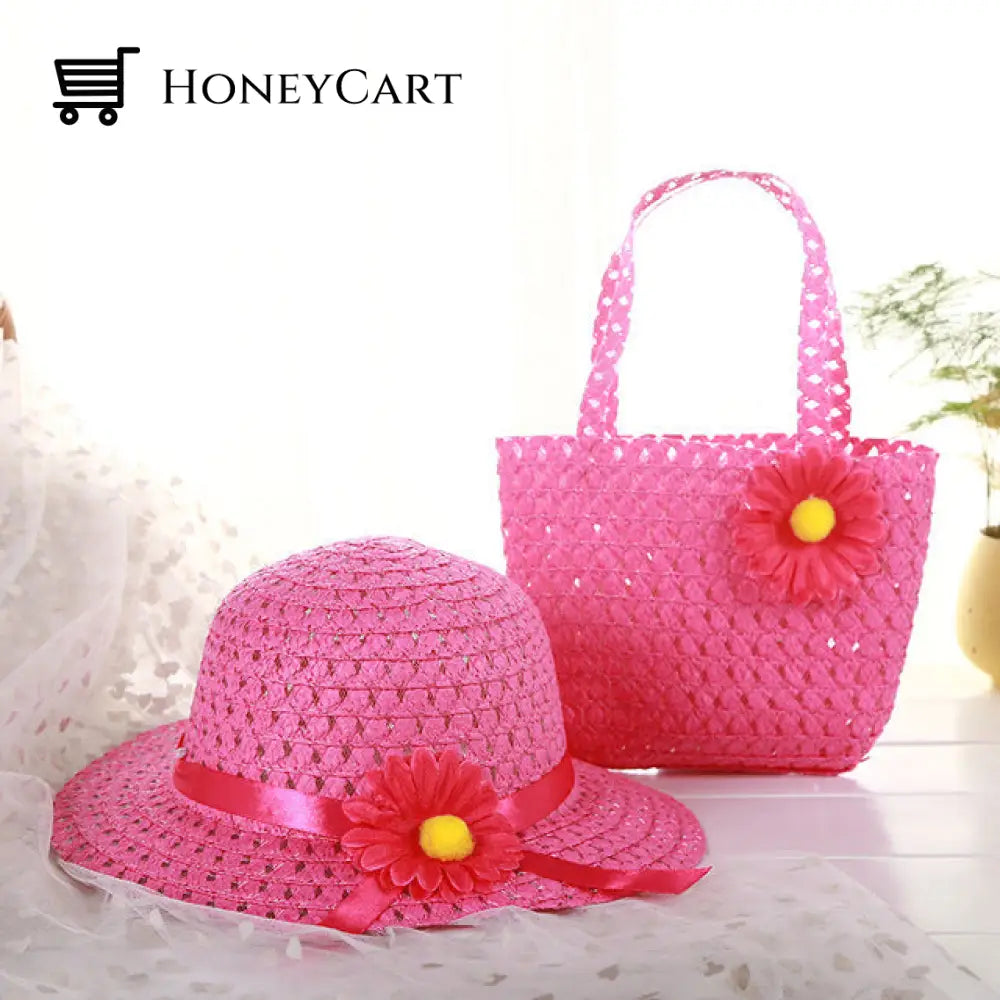 Childrens Summer Straw Hat And Bag Rose Red-1 Set