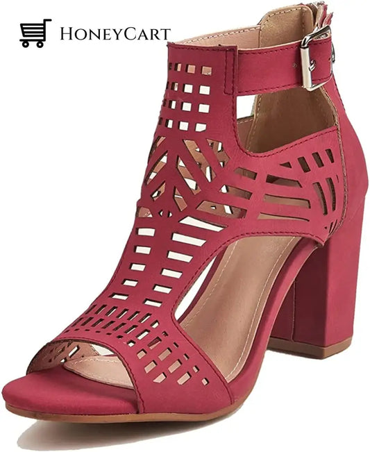 Chunky Heel Sandals For Women Cut Out Peep Toe Zipper Block Heeled 9 / Red Fp-Shoes