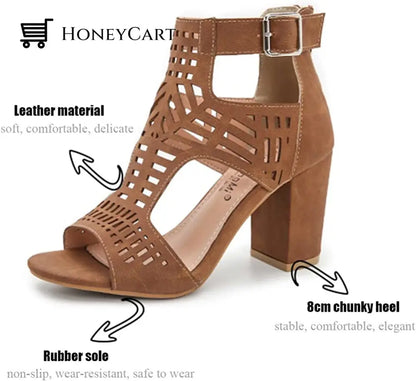 Chunky Heel Sandals For Women Cut Out Peep Toe Zipper Block Heeled Fp-Shoes