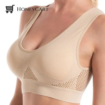 Comfortable High Impact Airy Sports Bra For Large Breasts With Plus Size And Removable Pads Beige /