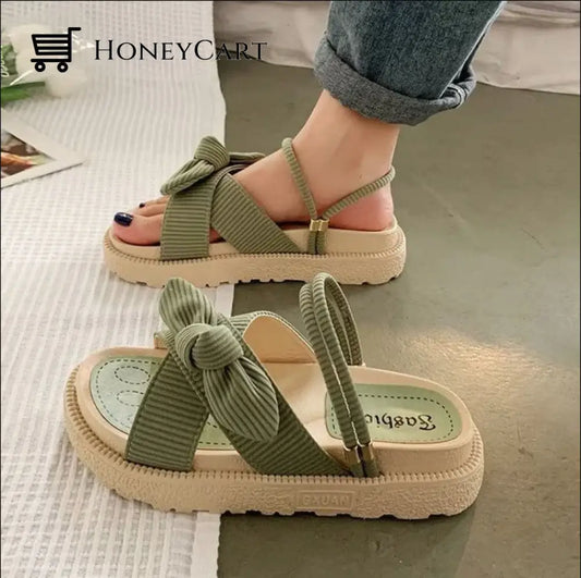 Comfortable Ribbed Corduroy Bow Slip On Sling Back Platform Sandals Green / 35 Tool