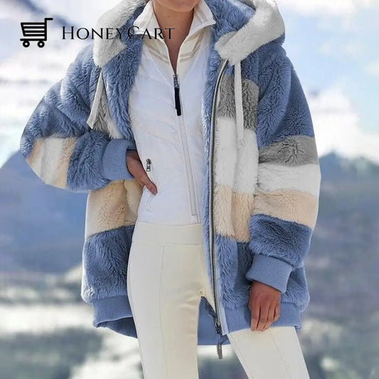 Contrasting Plush Padded Coat Blue / 6(S)